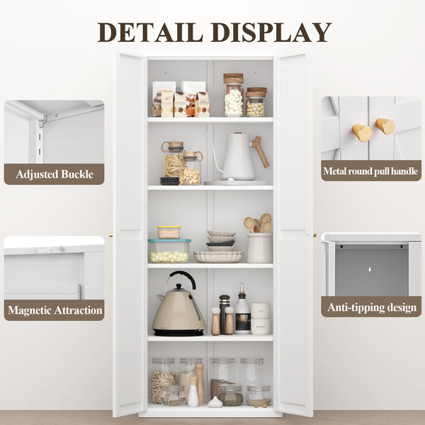 English Elm 2 Door Steel Pantry Cabinet Powder Coated Finish Gold Hardware Adjustable Shelves Tall Storage White T3625P366652