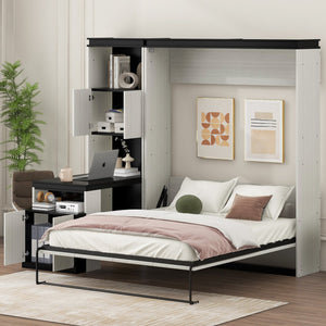 English Elm Full Full Size Murphy Bed with Desk, Shelves & Cabinets in Black+White — Space-Saving, Sturdy Design GX002042AAE