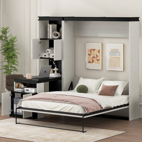 English Elm Full Full Size Murphy Bed with Desk, Shelves & Cabinets in Black+White — Space-Saving, Sturdy Design GX002042AAE