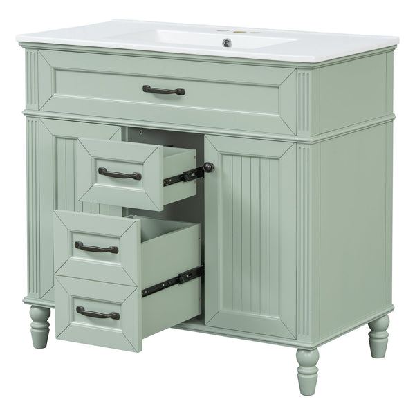 English Elm 36 Inch Bathroom Vanity with Ceramic Sink, Durable MDF & Solid Wood Frame, Soft-Close Doors, Luxe Handles, Ample Organized Storage, Modern Freestanding Design Green N725P314034F
