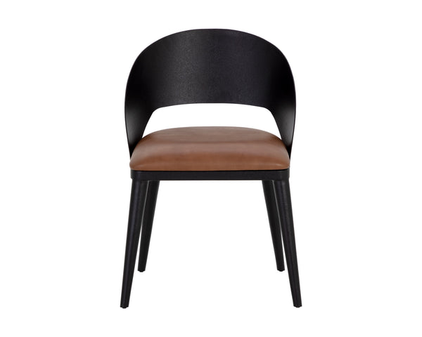 Sunpan Dezirae Dining Chair - Stylish Curved Back Design with Genuine Leather Seat and Iron Legs, Handcrafted Black / Cognac Leather