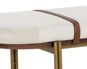Sunpan Elaine Bench - Curved Silhouette in Polo Club Muslin with Walnut Veneer & Antique Brass Base