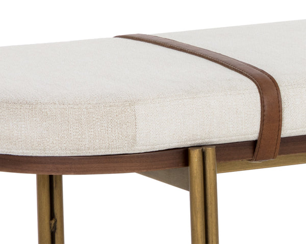 Sunpan Elaine Bench - Curved Silhouette in Polo Club Muslin with Walnut Veneer & Antique Brass Base
