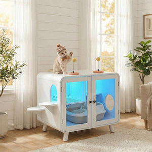 English Elm Cat Litter Box Enclosure Mdf Cabinet with Rgb Lighting Glass Doors and Play Loft White N704P419240K