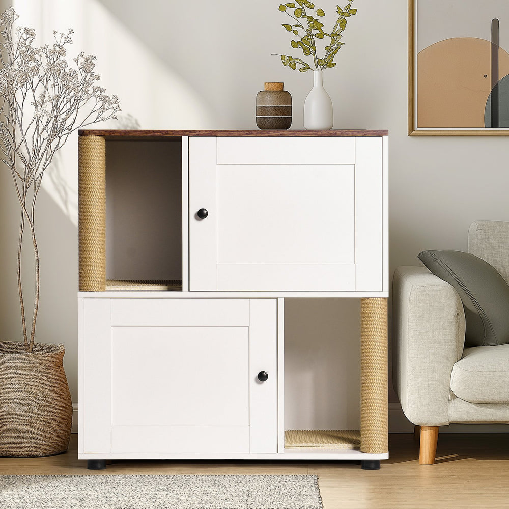 English Elm Double Cat Litter Enclosure Cabinet for Two Cats with Scratching Post, Dual Tray Storage, White Vintage W1687P221394