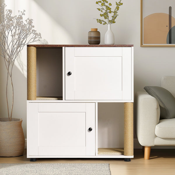 English Elm Double Cat Litter Enclosure Cabinet for Two Cats with Scratching Post, Dual Tray Storage, White Vintage W1687P221394