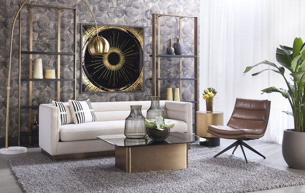 Sunpan Talbot Sofa - Contemporary Elegance in Belfast Oatmeal with Antique Brass Base for Modern Living Spaces