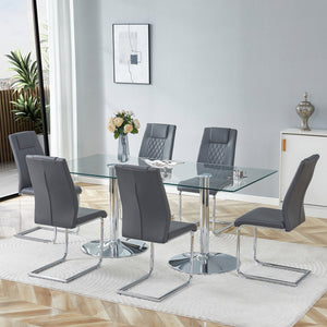 English Elm Table and Chair Set Extendable Mdf Round Oval Dining with 6 Gray Pu Seats Dark Gray,Silver,Transparent W1151S04550