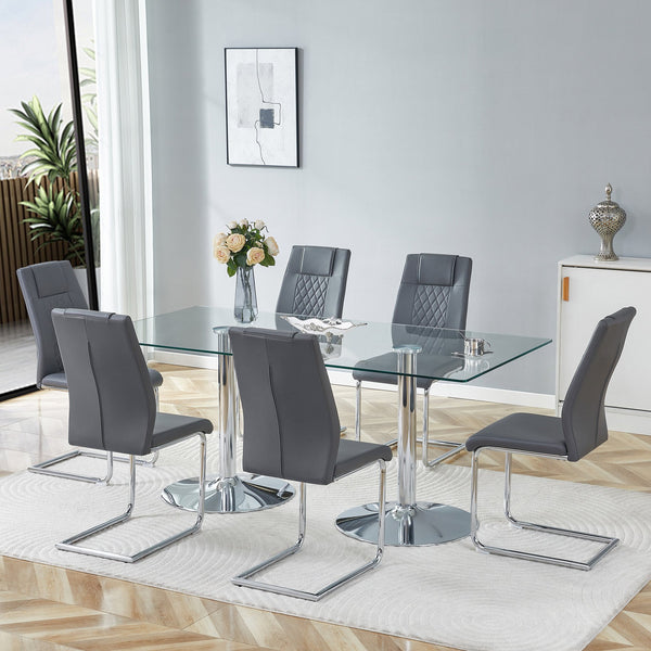 English Elm Table and Chair Set Extendable Mdf Round Oval Dining with 6 Gray Pu Seats Dark Gray,Silver,Transparent W1151S04550