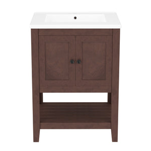 English Elm 24" Modern Sleek Bathroom Vanity with Ceramic Sink, Solid Wood Frame, Waterproof Finish and Open Shelf Storage Brown N725P246473D