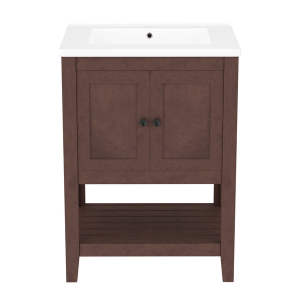 English Elm 24" Modern Sleek Bathroom Vanity with Ceramic Sink, Solid Wood Frame, Waterproof Finish and Open Shelf Storage Brown N725P246473D