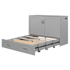 English Elm Full Size Murphy Wall Bed with Storage Drawers Usb Charging Ports and Pulley Mechanism Gray LP100670AAE