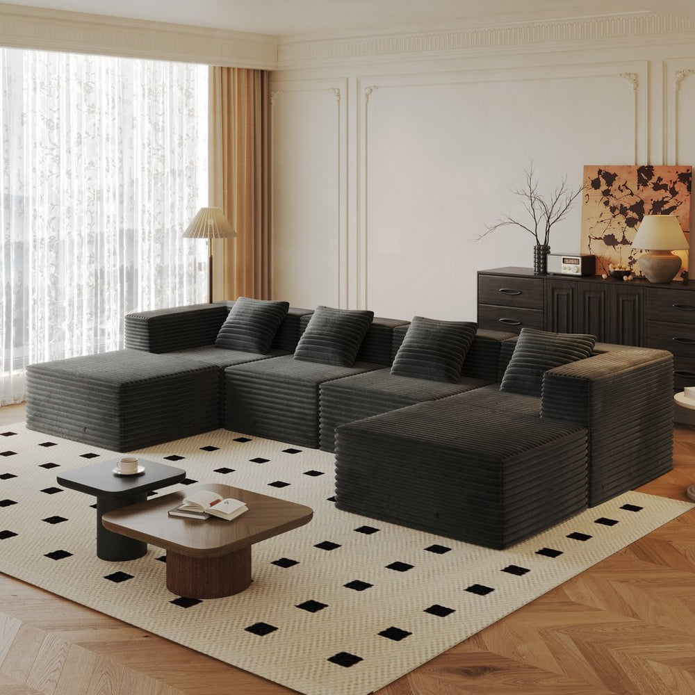 English Elm Modular Sectional Couch - Boneless Sofa With Plush Corduroy, Deep Seats, No Assembly, Grey (4 Seats + 2 Ottomans) W3434S00027