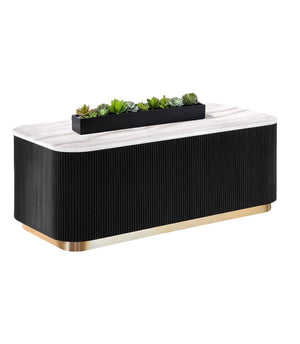 English Elm 3pc Modern Living Room Table Set with Open Bottom Shelf and Plinth Base in Medium Finish, Stylish centerpiece for seating areas Black,Gold,White 27 L x 51 W x 22 H B2741S00656