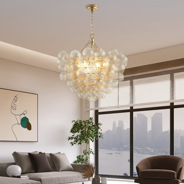 English Elm 23.6-Inch Gold Pendant Light Chandelier with 6 G9 Sockets, Threaded Clear Glass Globes, Adjustable Height W1340P251916