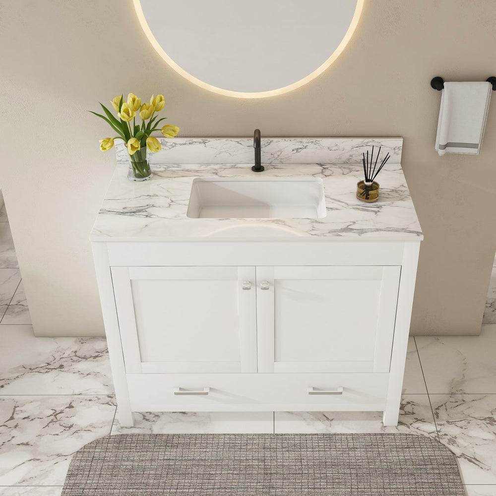 English Elm Modern 43" Bathroom Vanity With Durable Carrara White Top, Stylish Storage, And Soft-Closing Drawers W509S00142