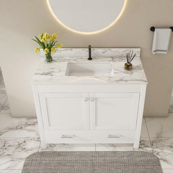 English Elm Modern 43" Bathroom Vanity With Durable Carrara White Top, Stylish Storage, And Soft-Closing Drawers W509S00142