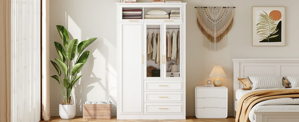 English Elm 3 Door Wardrobe Armoire Closet with LED Lighting, 4-Door Style, 3 Drawers, White Gold Accents, Spacious Storage N7090001843K