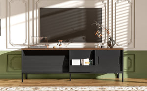 English Elm U-can Mid Century Walnut Media Console with Sliding Doors and Metal Frame for Living Rooms Black N724P360370B
