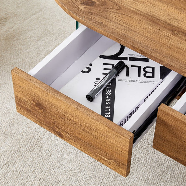 English Elm Cozy Natural Oval Coffee Table with Dual Drawers, Tempered Glass Legs, Wood Grain MDF Top, 43.3"x23.6" W1512P405601