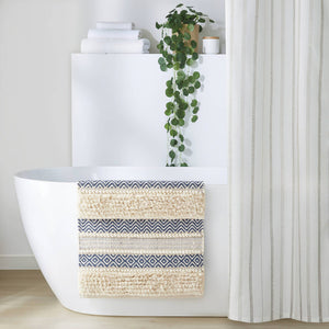 JLA Home INK+IVY - Bath Rug Hand-Woven Shaggy Taupe Geo Stripe Rug with Non-Skid Backing, Machine Washable Boho Chic Navy II72-1358