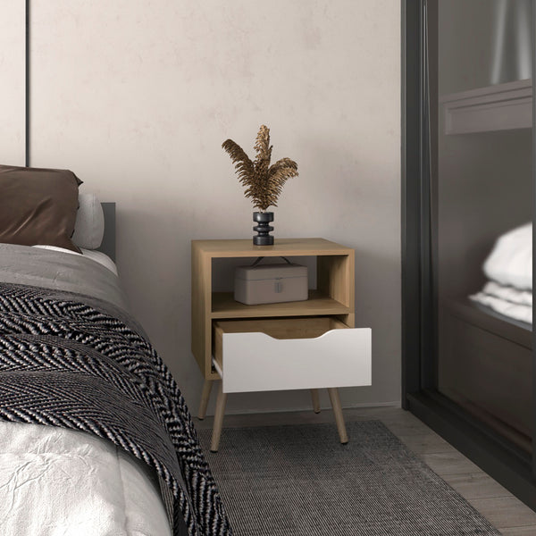 English Elm Wenden 21" High Nightstand with Drawer & Open Shelf, Two-Tone Natural Oak & White, Compact Chic B200P335299