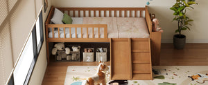 English Elm Twin Platform Kids Bed with Slide Ladder Guardrails Storage Shelf Wood Frame Walnut N733S415411M