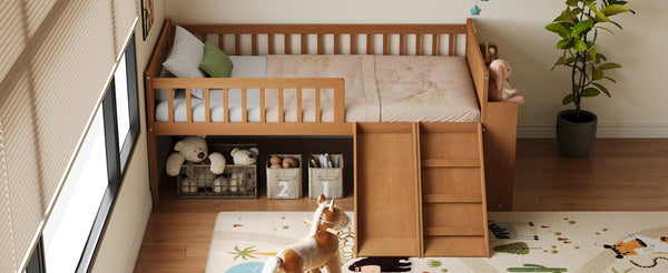 English Elm Twin Platform Kids Bed with Slide Ladder Guardrails Storage Shelf Wood Frame Walnut N733S415411M