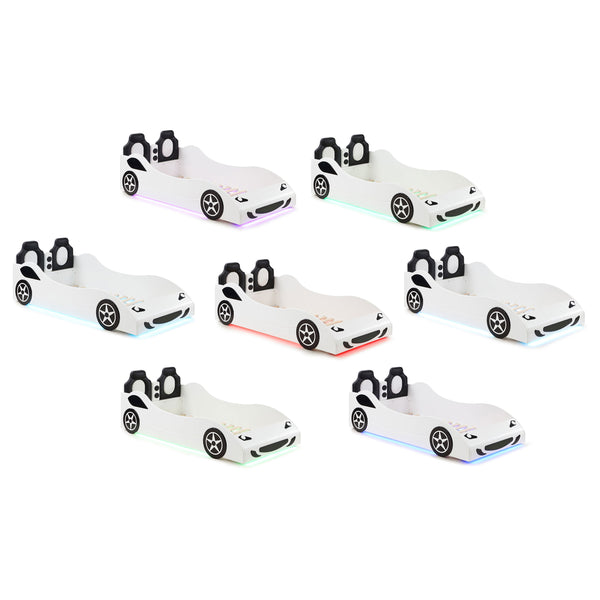 English Elm Solana Race Car Twin Bed with LED Underglow Lights, Padded Headboard, White Wood, Playful Design B062S01109