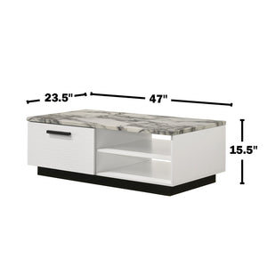 English Elm 47"w Faux Marble Coffee Table with Black Base Drawer and Open Shelf for Living Room B016P416195