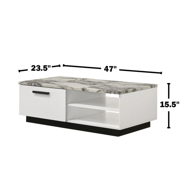 English Elm 47"w Faux Marble Coffee Table with Black Base Drawer and Open Shelf for Living Room B016P416195