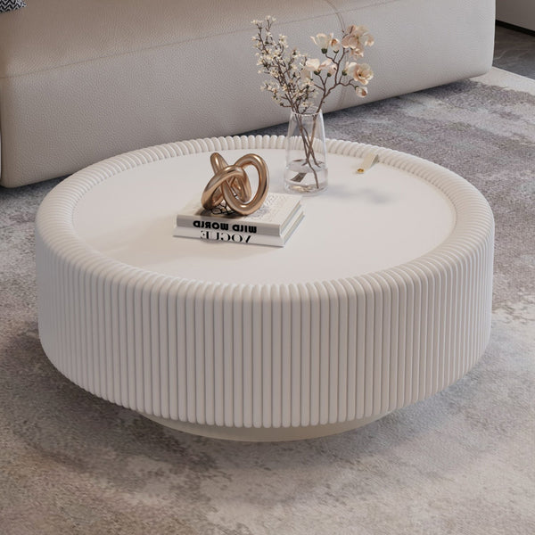 English Elm Black Round Fluted Pu Leather Coffee Table Tempered Glass Top Hidden Storage Modern Cream White W3081P428979