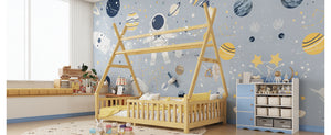 English Elm Twin Montessori Floor Bed House Frame with Led Lighting and Safety Rails for Kids Natural W2593P440573