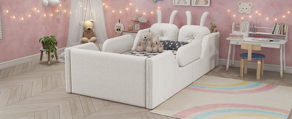 English Elm Twin Kids Platform Bed Teddy Fabric Upholstered with Bunny Cushions and Safety Rails White W2593P395806
