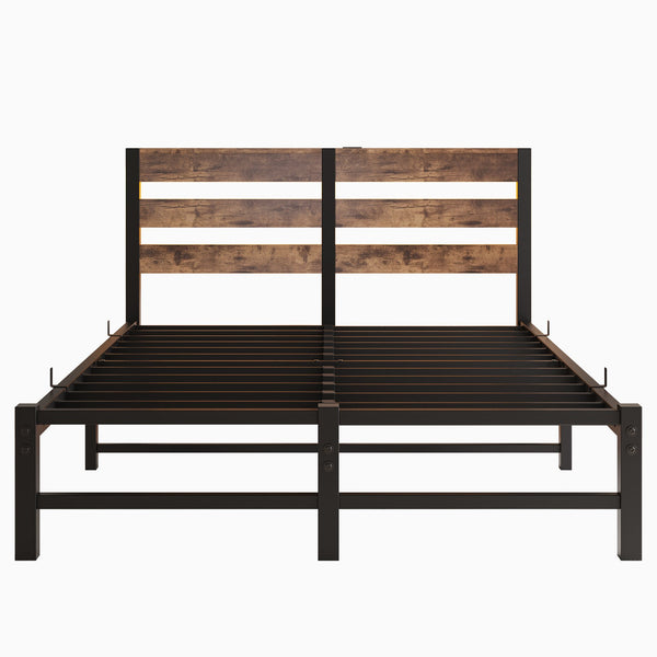 English Elm Full Metal Bed Frame with Wooden Headboard, USB Charging, RGB App Lighting, Large Under-Bed Storage Beige+Brown W840P209896