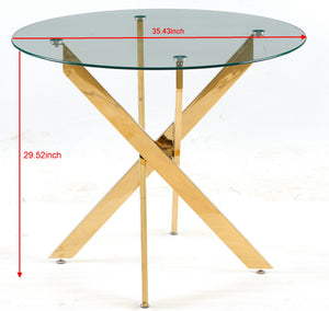 English Elm Golden Modern Glass Dining Table With Cross Metal Legs – Stylish Space-Saving Design For Living Room W234P185627