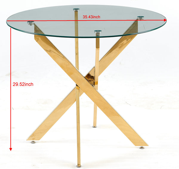 English Elm Golden Modern Glass Dining Table With Cross Metal Legs – Stylish Space-Saving Design For Living Room W234P185627