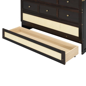 English Elm Full Size Murphy Wall Bed Cabinet with Rattan Panel Detailing and Storage Drawers Espresso N708P336203P