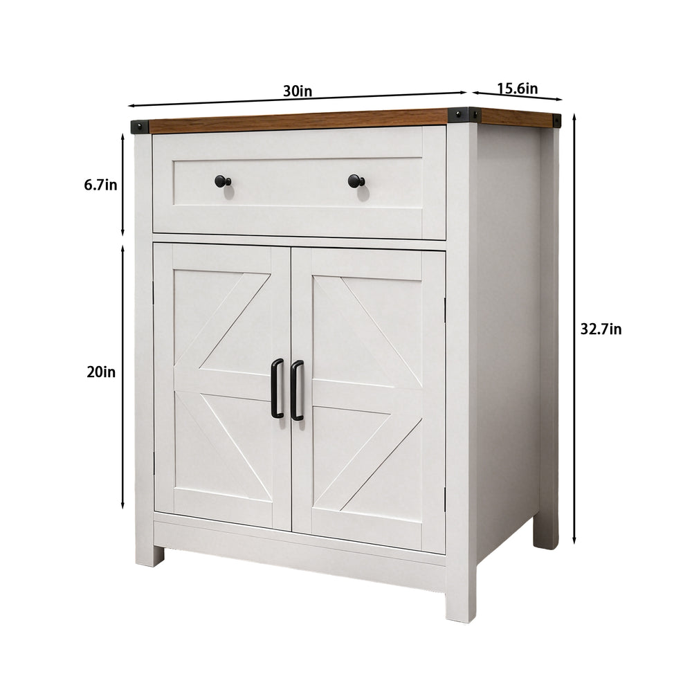 English Elm White Farmhouse Barn Door Buffet Sideboard with Drawer and Wood Grain Top W5590P448939
