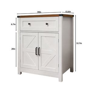 English Elm White Farmhouse Barn Door Buffet Sideboard with Drawer and Wood Grain Top W5590P448939