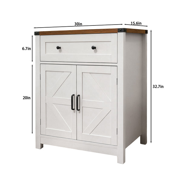 English Elm White Farmhouse Barn Door Buffet Sideboard with Drawer and Wood Grain Top W5590P448939