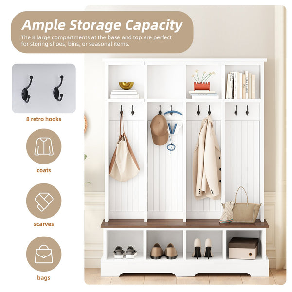 English Elm Farmhouse Hall Tree with Triple Arch Back Panel Eight Hooks Drawers and Entryway Bench White N721S000075K