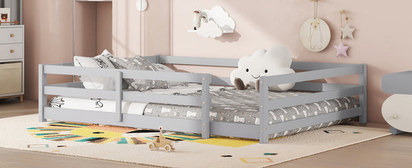 English Elm Full Montessori Floor Bed with Fence and Door, Natural Pine Slatted Full Size Bed, 300lb Capacity, Easy Assemble Grey W1820P369891