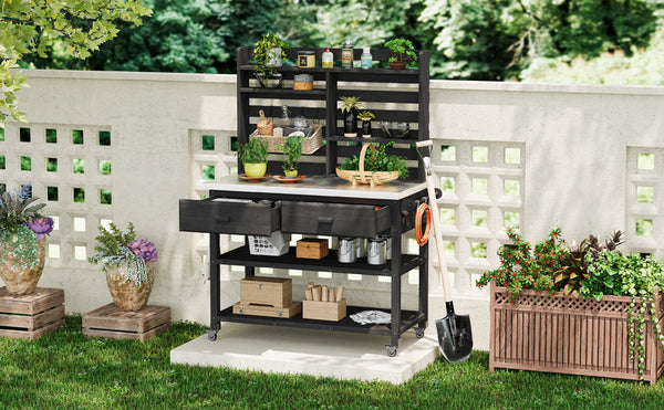 English Elm K&K 64.9" Outdoor Potting Bench with 1.2" Stainless Steel Top, Lockable Wheels, Hutch & Drawers Black N707P228274B