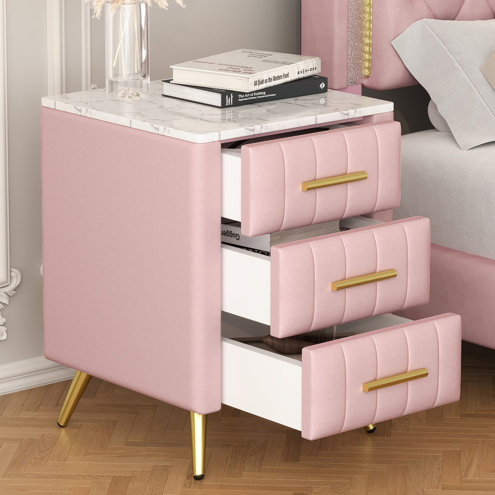 English Elm Upholstered Velvet Nightstand with Faux Marble Top Three Drawers and Slim Metal Legs Pink N733P208520H