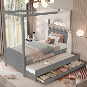 English Elm Full Bunk Bed with Trundle Bookshelf Storage Pine Frame Car Design for Kids W1580S00316