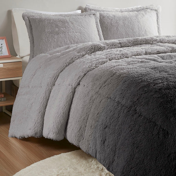 English Elm King/Cal King Brielle Ombre Shaggy Faux Fur Comforter Mini Set - Plush Hypoallergenic Cozy Warmth Grey 15.75 L x 11.81 W x 11.81 H B03595983