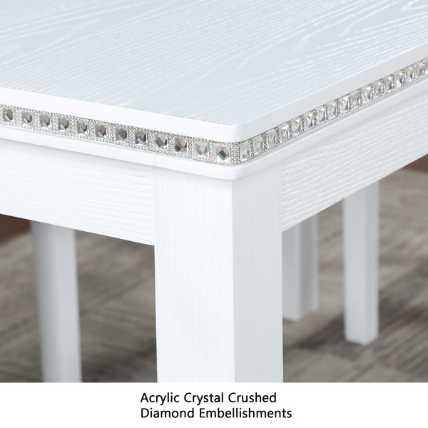 English Elm Wooden Counter Height Square Dining Table Glam Crystal Edge Detail Seats Four White W1998128390