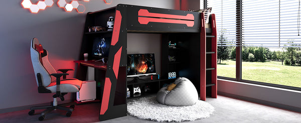 English Elm Twin Gaming Loft Bed with Desk Rgb Lighting and Multi-tier Shelves for Teen Rooms Red LT000160AAR