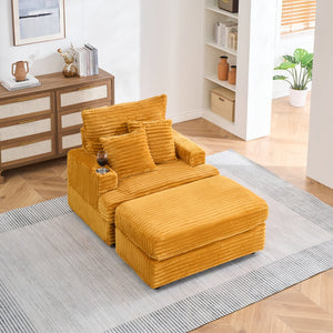 English Elm 39-inch Spring Corduroy Armchair and Ottoman Set with Cup Holder, Plush Sponge Cushions, 350lb Support Orange W1658S00074